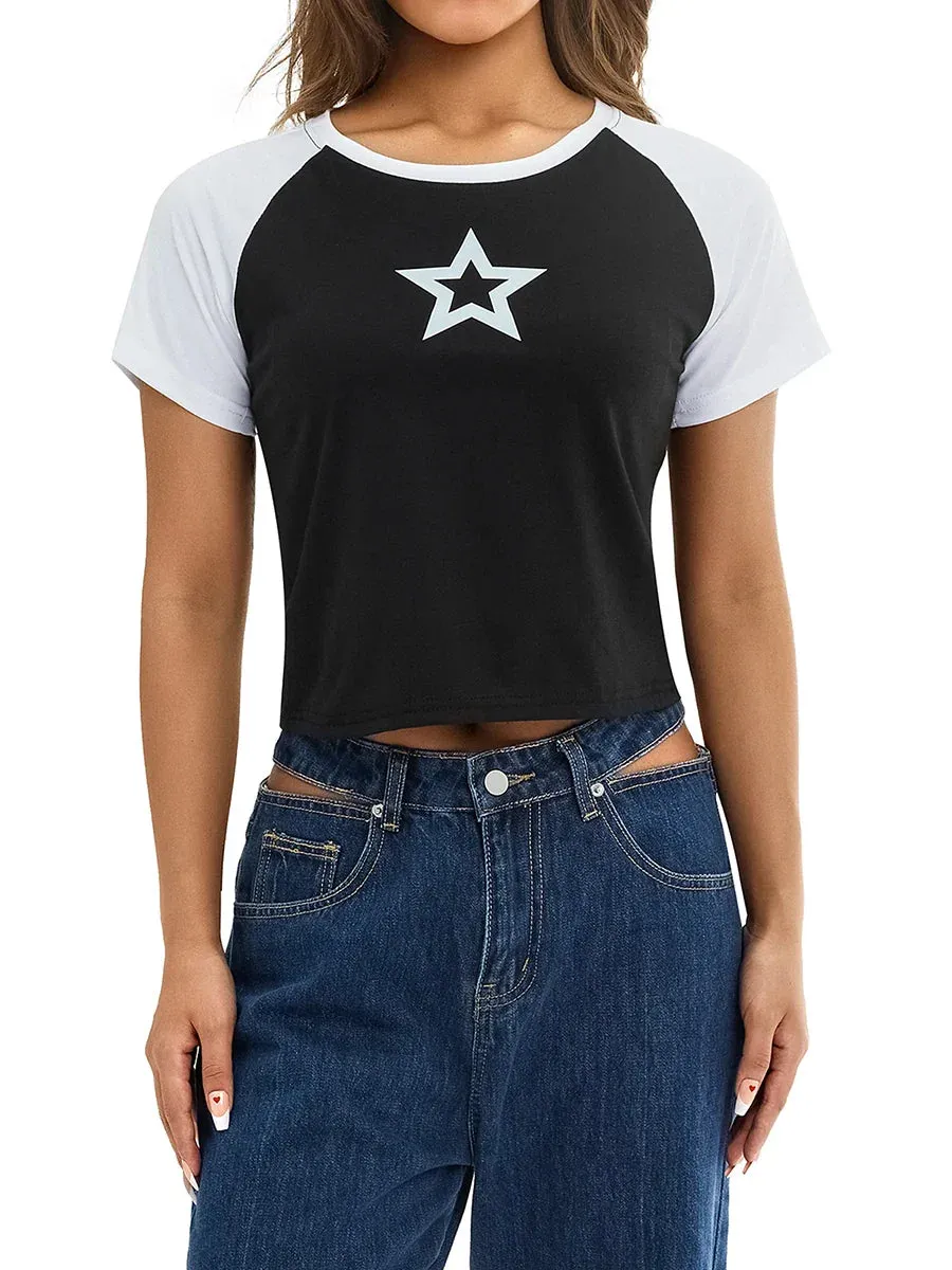 Baby Tees Short Sleeve E-Girls Cute Graphic Print Slim Fit Y2K T-shirt