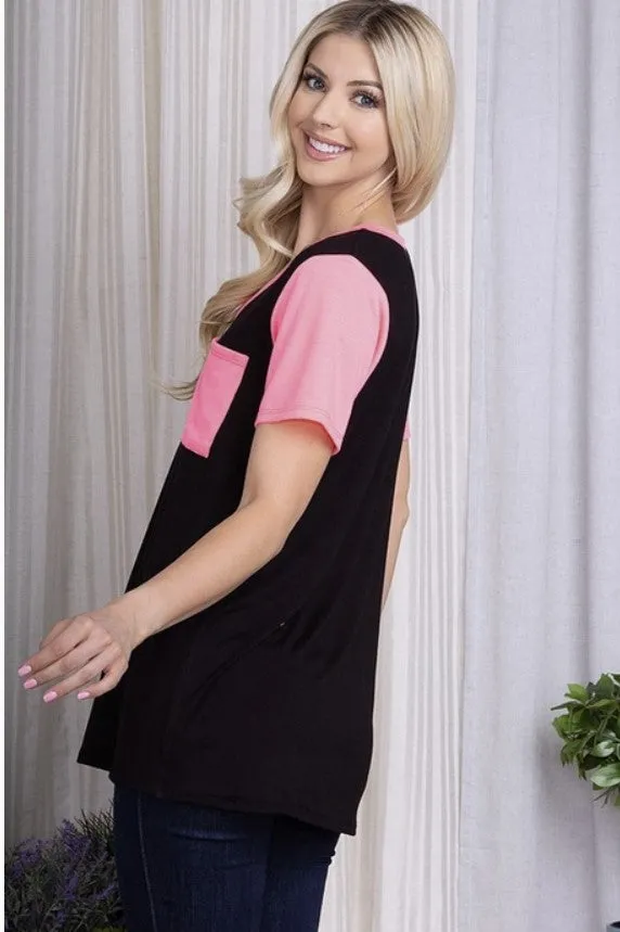 Black Top with Pink Sleeves & Pocket - #7260-7265