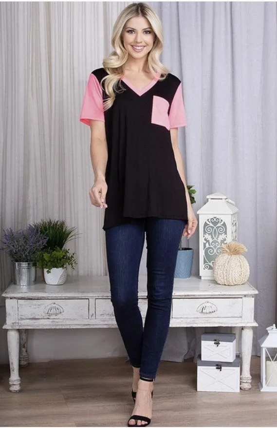 Black Top with Pink Sleeves & Pocket - #7260-7265