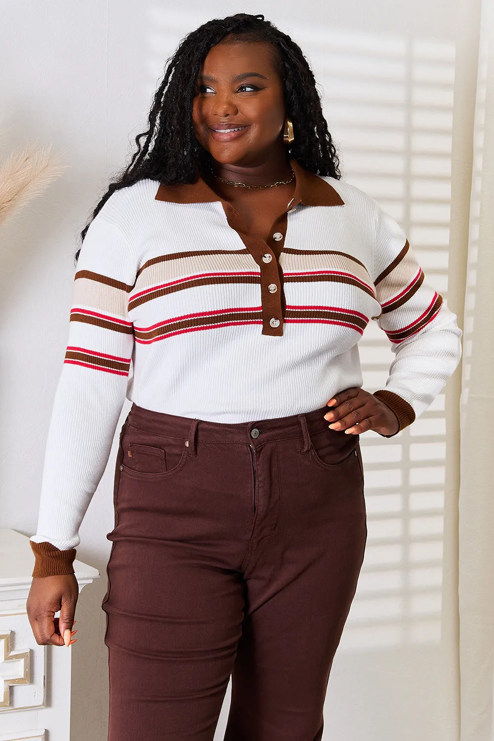 Chocolate Delight Striped Collared Neck Rib-Knit Top