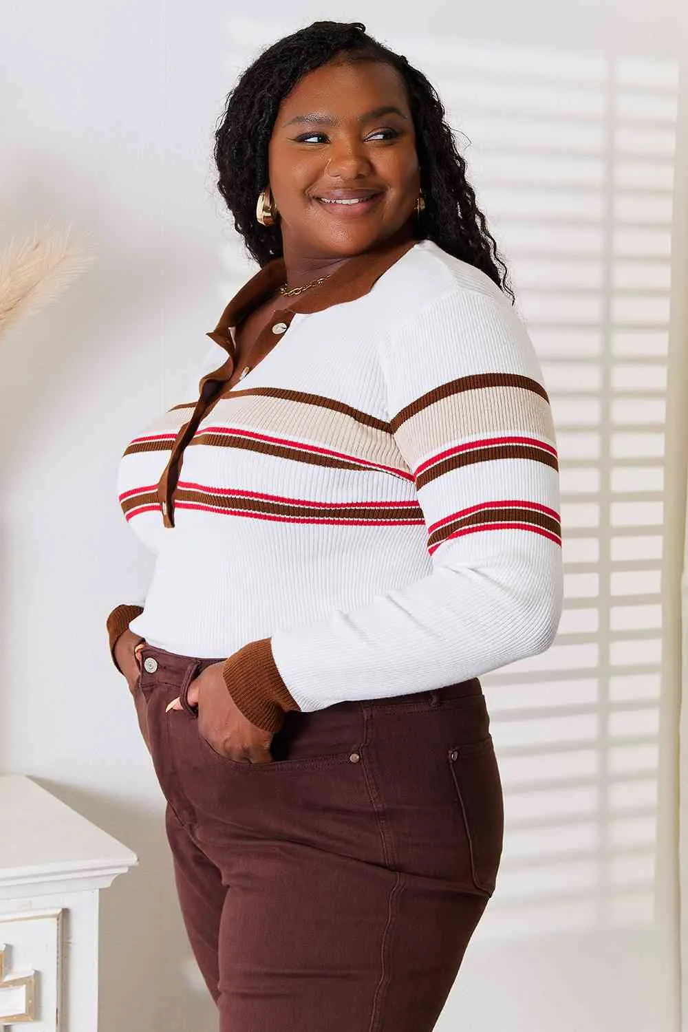 Chocolate Delight Striped Collared Neck Rib-Knit Top