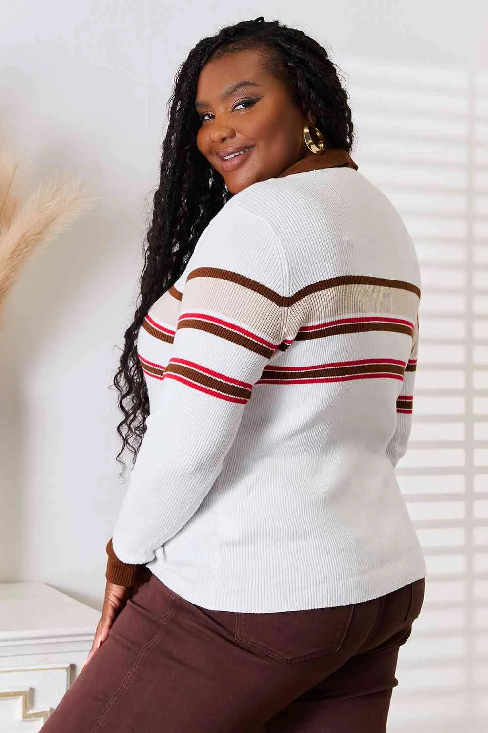 Chocolate Delight Striped Collared Neck Rib-Knit Top