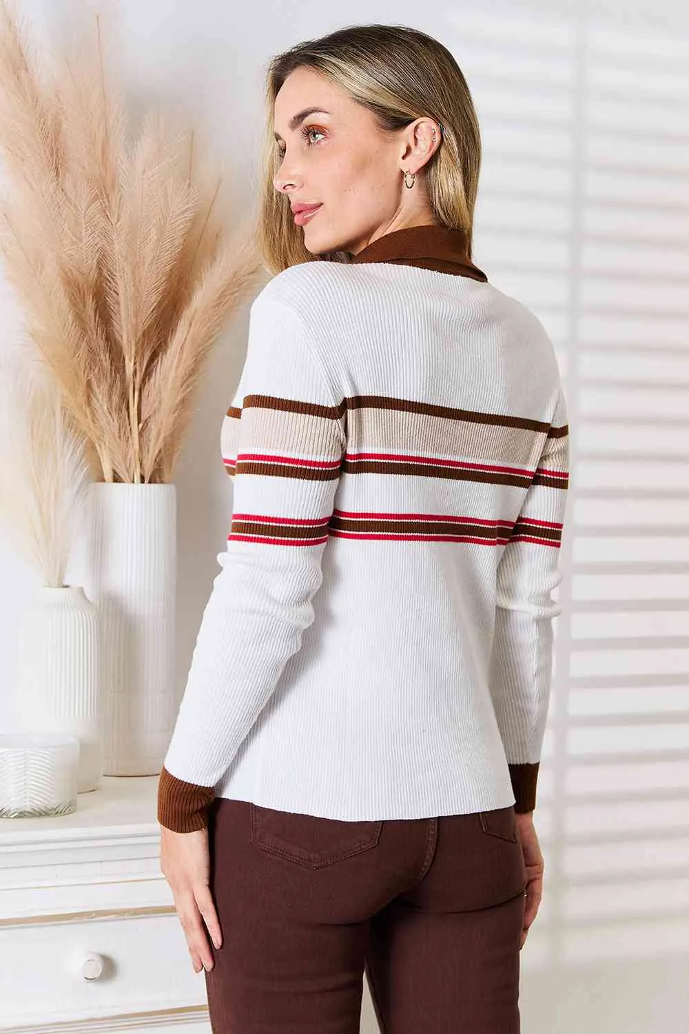 Chocolate Delight Striped Collared Neck Rib-Knit Top