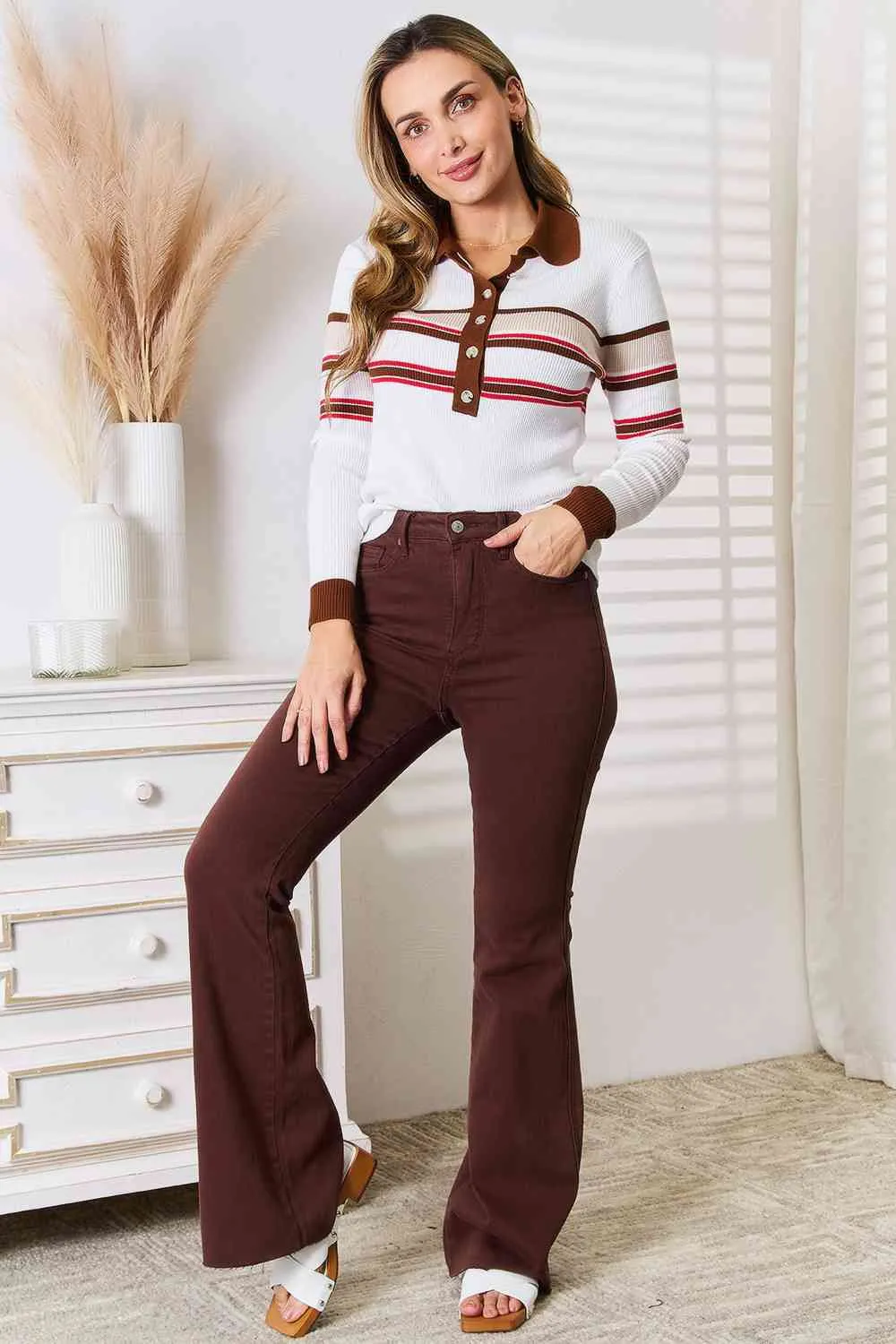 Chocolate Delight Striped Collared Neck Rib-Knit Top