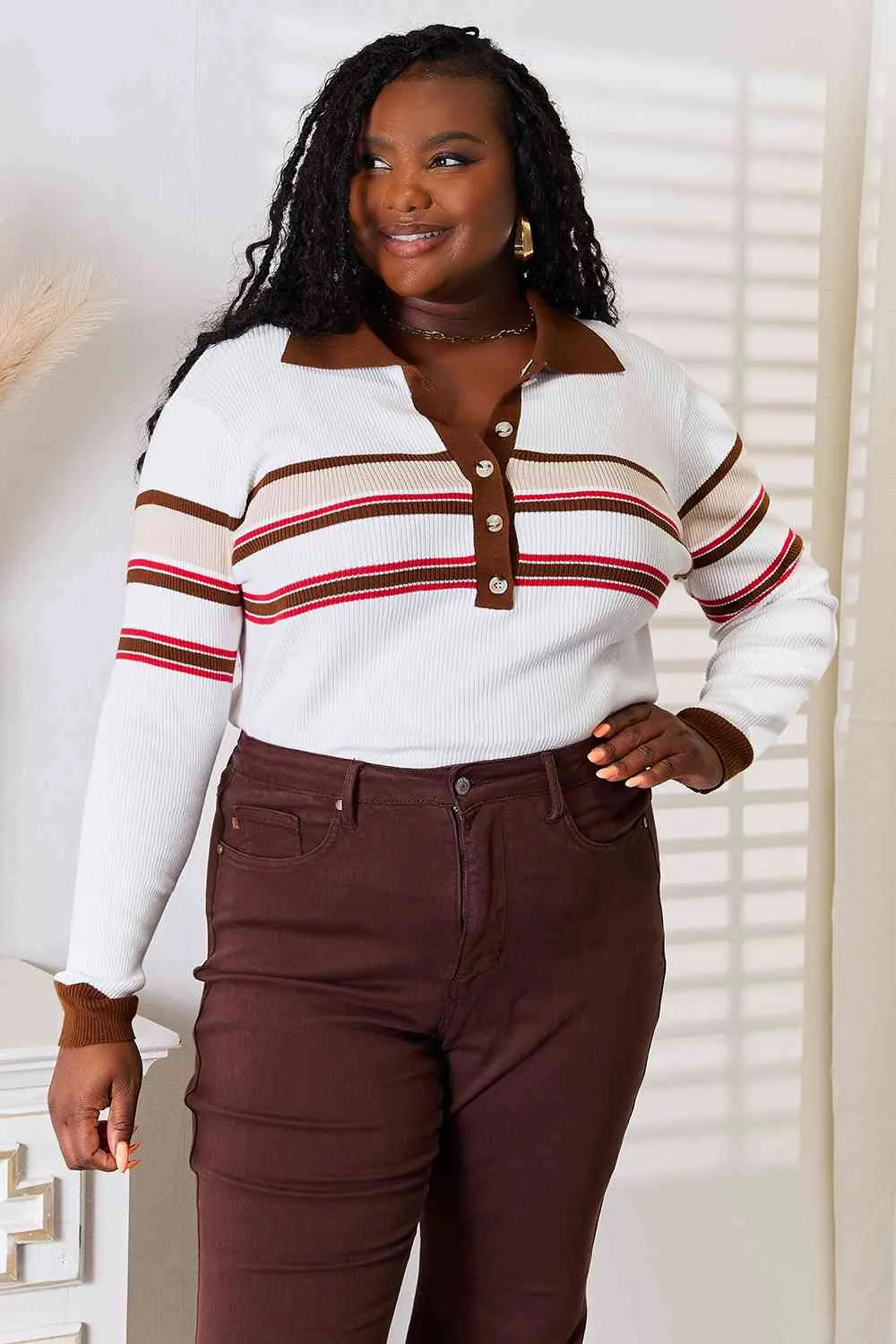 Chocolate Delight Striped Collared Neck Rib-Knit Top