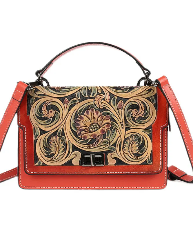 Elegant Red Jacquard Square Leather Handbag