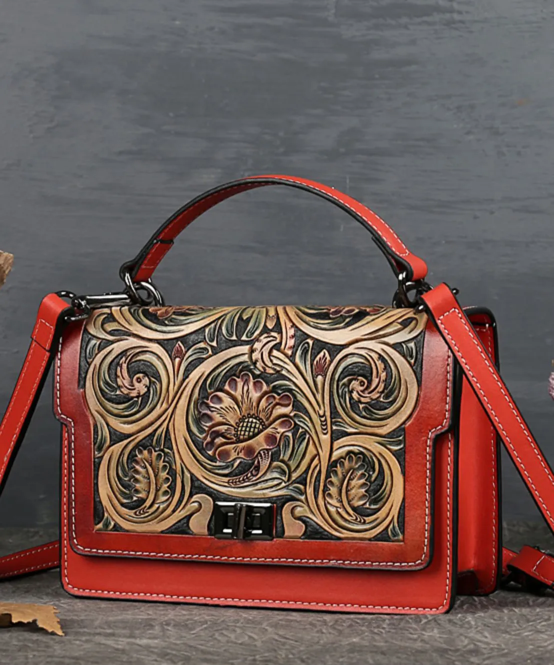 Elegant Red Jacquard Square Leather Handbag