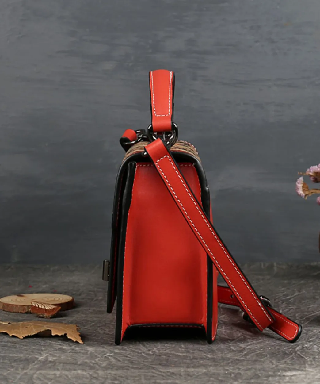Elegant Red Jacquard Square Leather Handbag