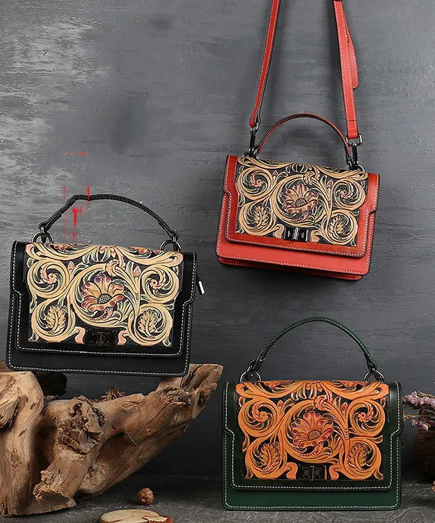 Elegant Red Jacquard Square Leather Handbag