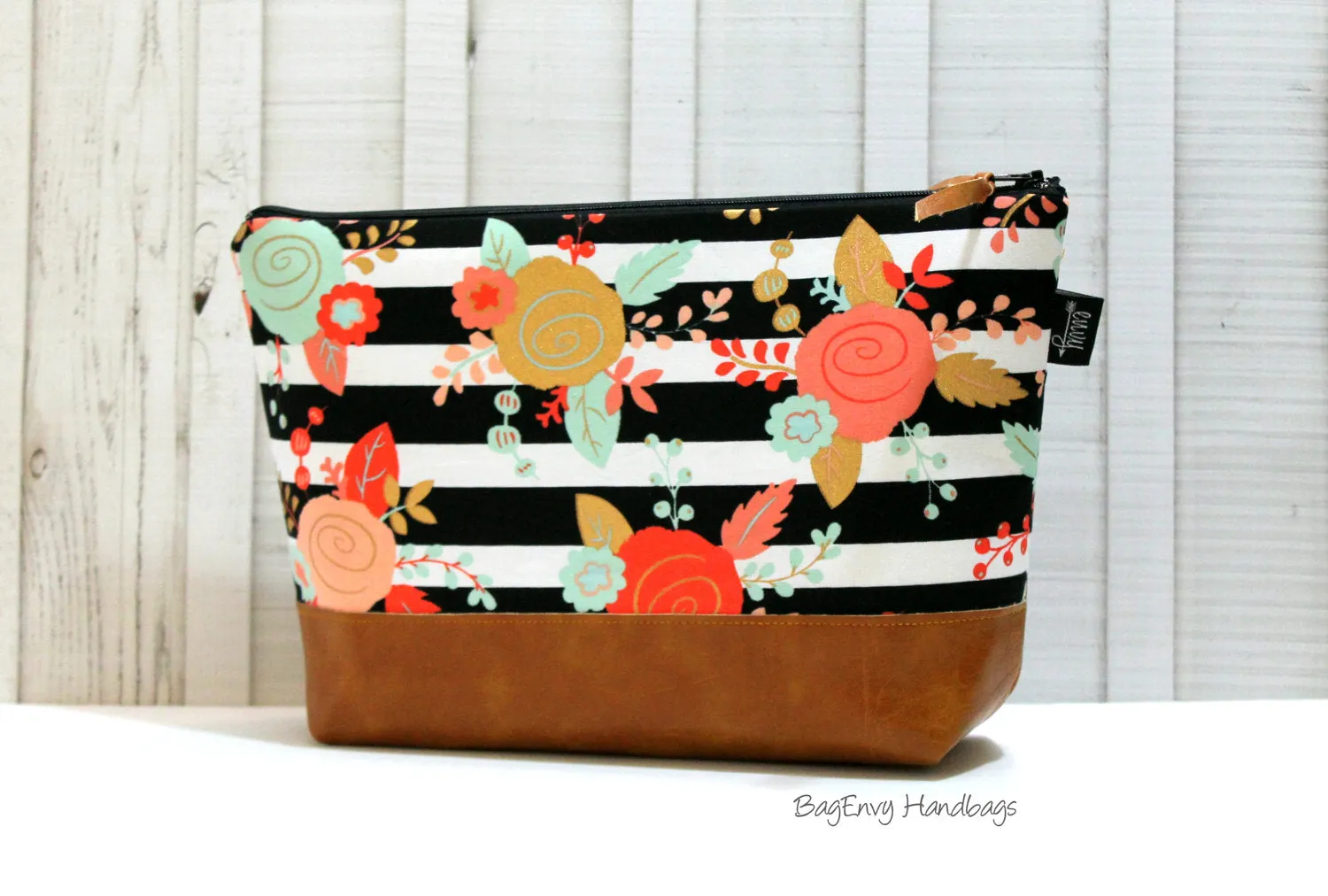 Floral Stripe with Vegan Leather - Large Make Up Bag / Diaper Clutch / Bridesmaid Gift