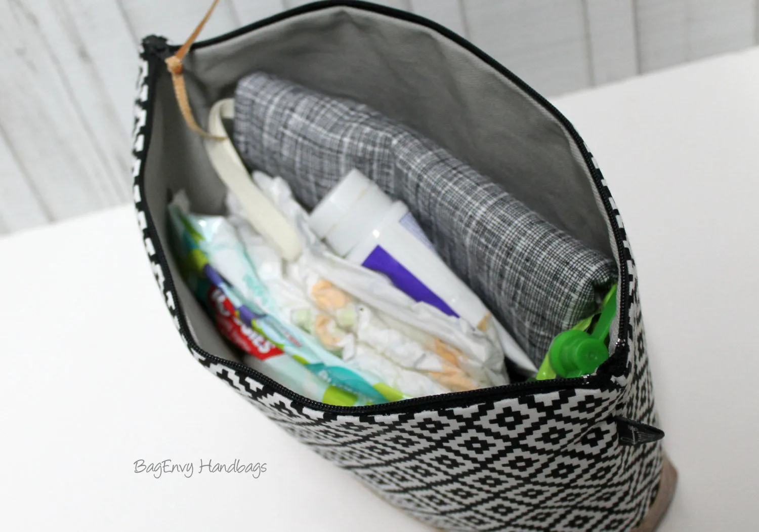 Floral Stripe with Vegan Leather - Large Make Up Bag / Diaper Clutch / Bridesmaid Gift