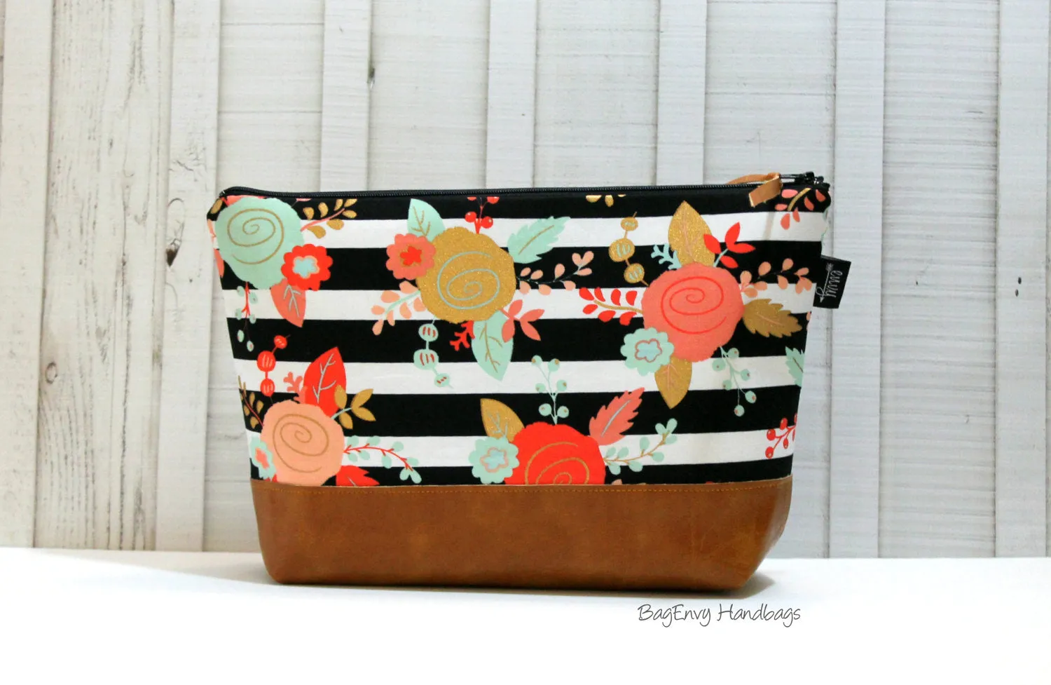 Floral Stripe with Vegan Leather - Large Make Up Bag / Diaper Clutch / Bridesmaid Gift