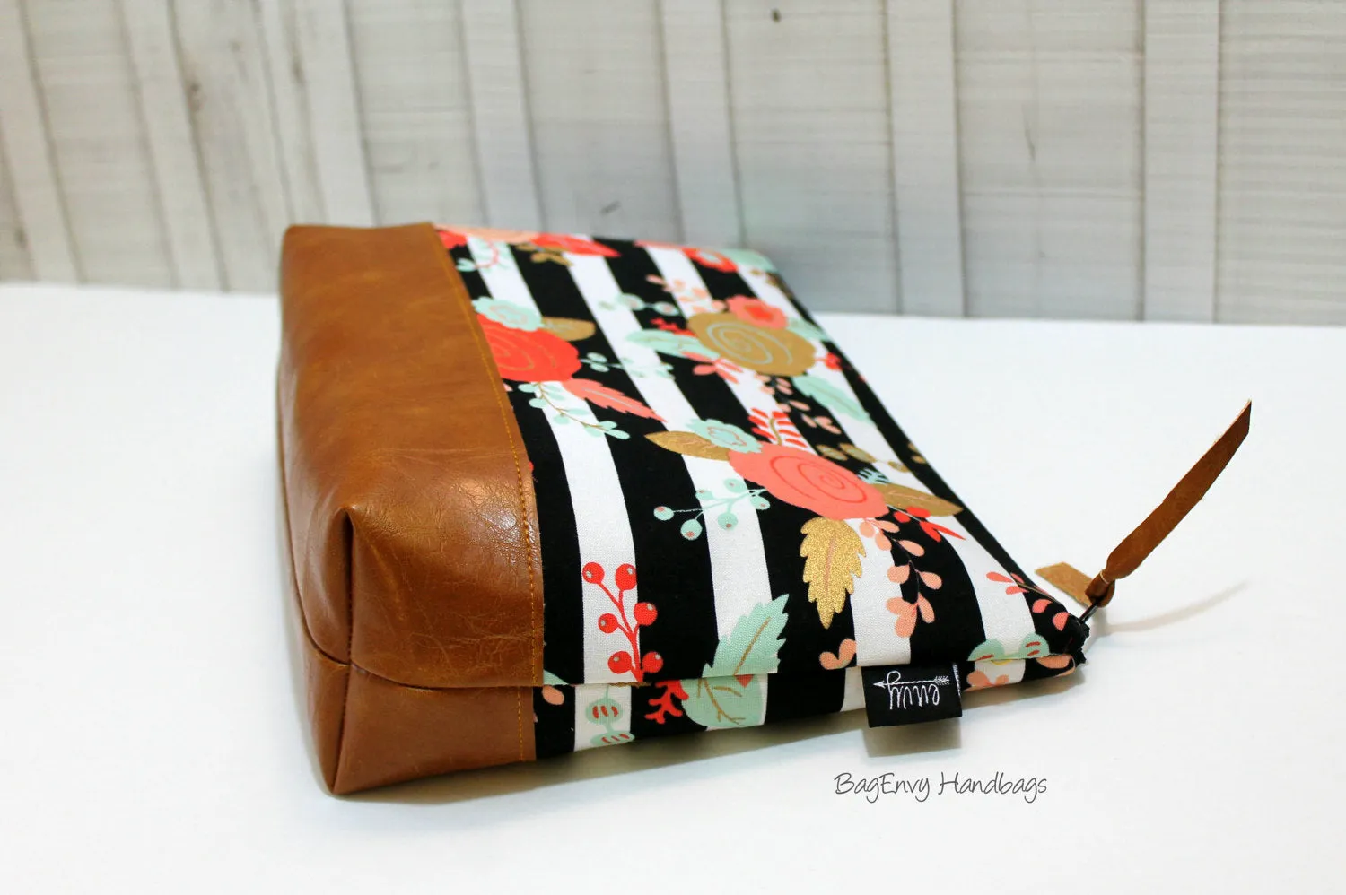 Floral Stripe with Vegan Leather - Large Make Up Bag / Diaper Clutch / Bridesmaid Gift