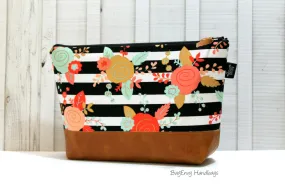 Floral Stripe with Vegan Leather - Large Make Up Bag / Diaper Clutch / Bridesmaid Gift