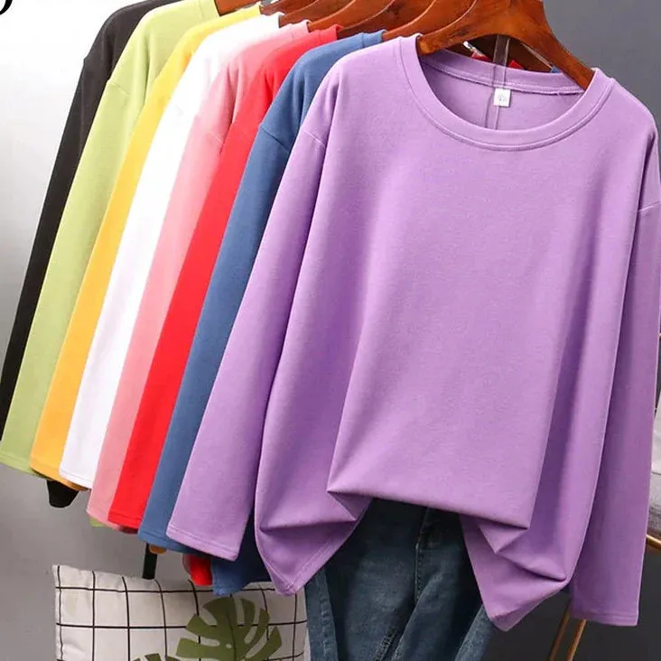 Metaversmall Autumn Cotton T shirt Female Pure Color Long Sleeve Women's T-shirts M-XXL Size Yellow White Simple Basic Tee Tops