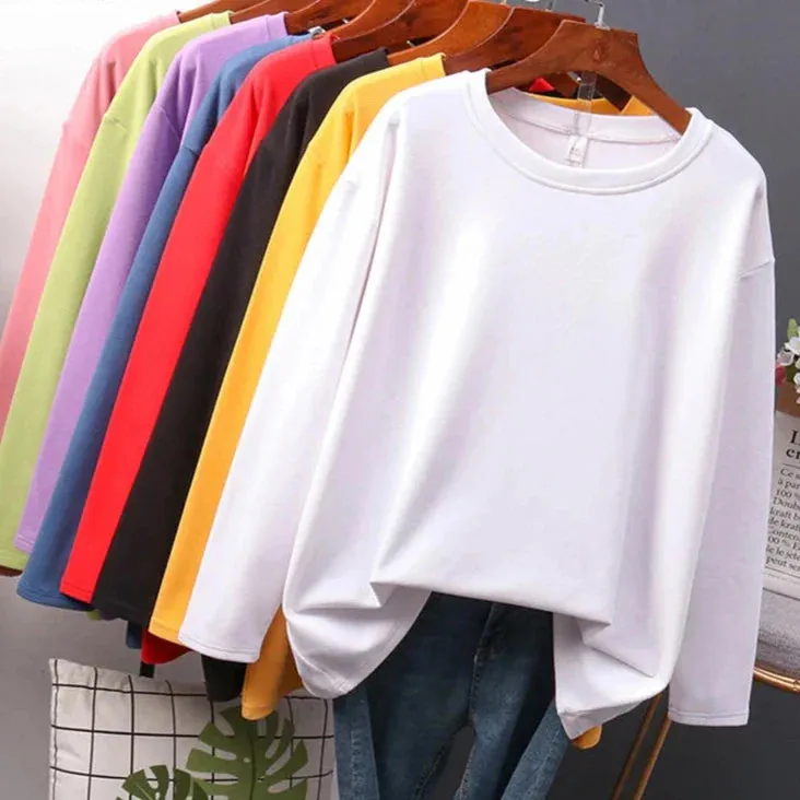 Metaversmall Autumn Cotton T shirt Female Pure Color Long Sleeve Women's T-shirts M-XXL Size Yellow White Simple Basic Tee Tops