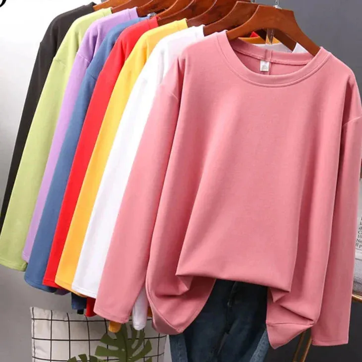 Metaversmall Autumn Cotton T shirt Female Pure Color Long Sleeve Women's T-shirts M-XXL Size Yellow White Simple Basic Tee Tops