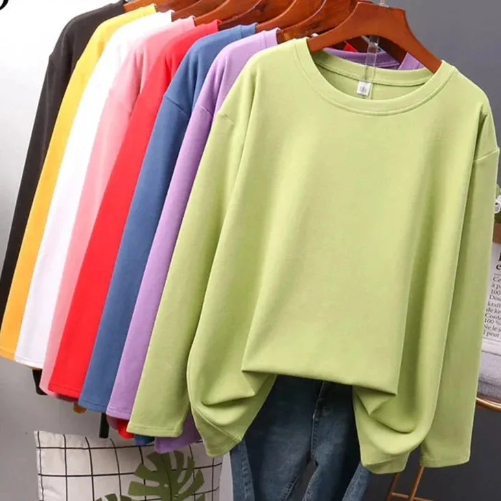Metaversmall Autumn Cotton T shirt Female Pure Color Long Sleeve Women's T-shirts M-XXL Size Yellow White Simple Basic Tee Tops