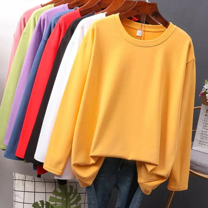 Metaversmall Autumn Cotton T shirt Female Pure Color Long Sleeve Women's T-shirts M-XXL Size Yellow White Simple Basic Tee Tops