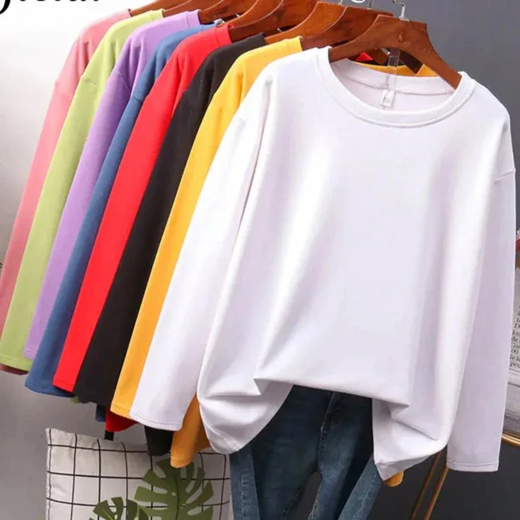 Metaversmall Autumn Cotton T shirt Female Pure Color Long Sleeve Women's T-shirts M-XXL Size Yellow White Simple Basic Tee Tops
