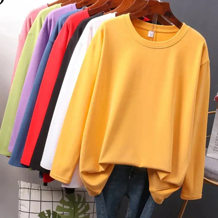 Metaversmall Autumn Cotton T shirt Female Pure Color Long Sleeve Women's T-shirts M-XXL Size Yellow White Simple Basic Tee Tops
