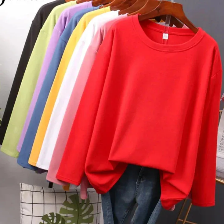 Metaversmall Autumn Cotton T shirt Female Pure Color Long Sleeve Women's T-shirts M-XXL Size Yellow White Simple Basic Tee Tops