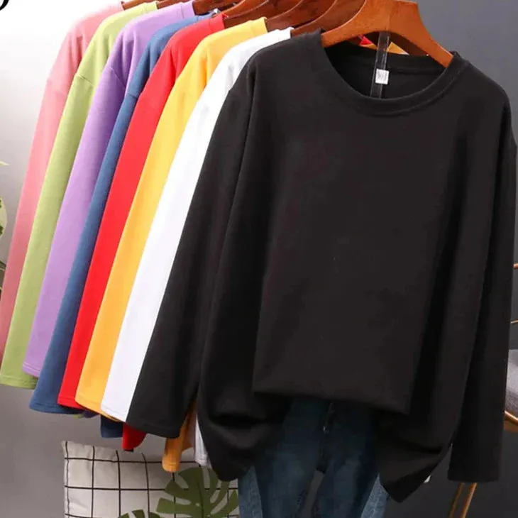 Metaversmall Autumn Cotton T shirt Female Pure Color Long Sleeve Women's T-shirts M-XXL Size Yellow White Simple Basic Tee Tops