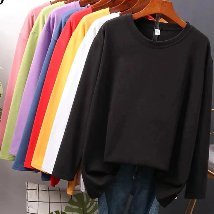 Metaversmall Autumn Cotton T shirt Female Pure Color Long Sleeve Women's T-shirts M-XXL Size Yellow White Simple Basic Tee Tops