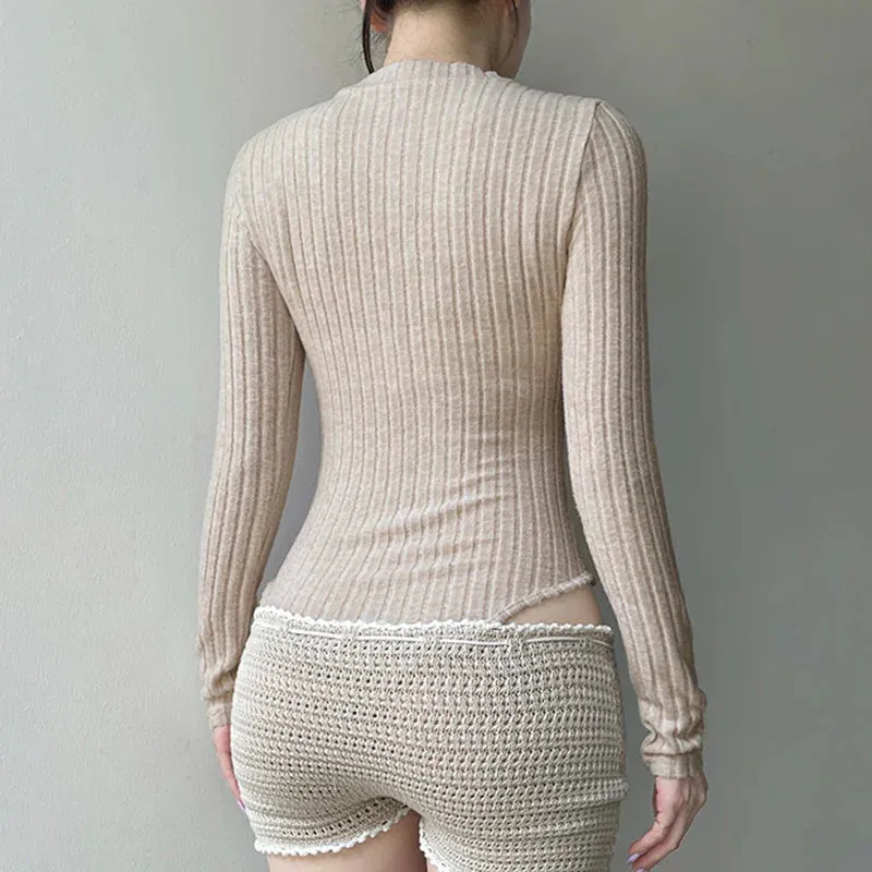 Metaversmall Casual Skinny Solid Autumn Bodysui Female Buttons Streetwear Fashion Knitted Body One Piece Long Sleeve Rompers 2025