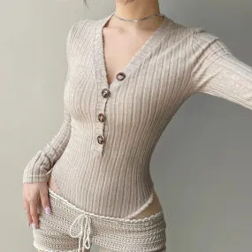 Metaversmall Casual Skinny Solid Autumn Bodysui Female Buttons Streetwear Fashion Knitted Body One Piece Long Sleeve Rompers 2025