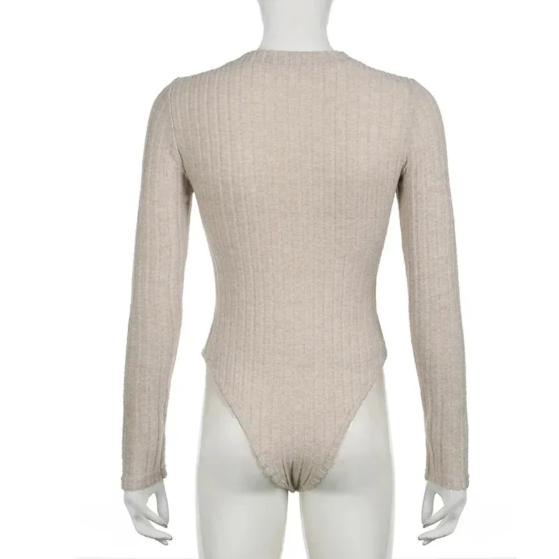 Metaversmall Casual Skinny Solid Autumn Bodysui Female Buttons Streetwear Fashion Knitted Body One Piece Long Sleeve Rompers 2025