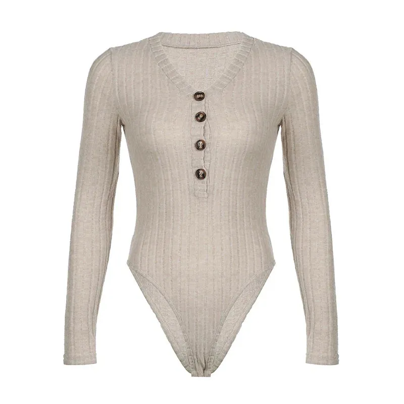Metaversmall Casual Skinny Solid Autumn Bodysui Female Buttons Streetwear Fashion Knitted Body One Piece Long Sleeve Rompers 2025