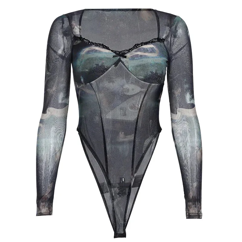 Metaversmall Fashion Square Neck Vintage Printed Fitness Mesh Bodysuit Lace Trim Bow Sexy Catsuit Body One Piece See Through Party