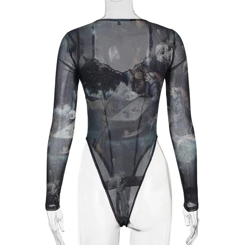 Metaversmall Fashion Square Neck Vintage Printed Fitness Mesh Bodysuit Lace Trim Bow Sexy Catsuit Body One Piece See Through Party