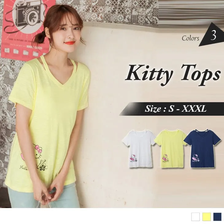ORANGEBEAR SHORT SLEEVE V-NECK KITTY TOPS