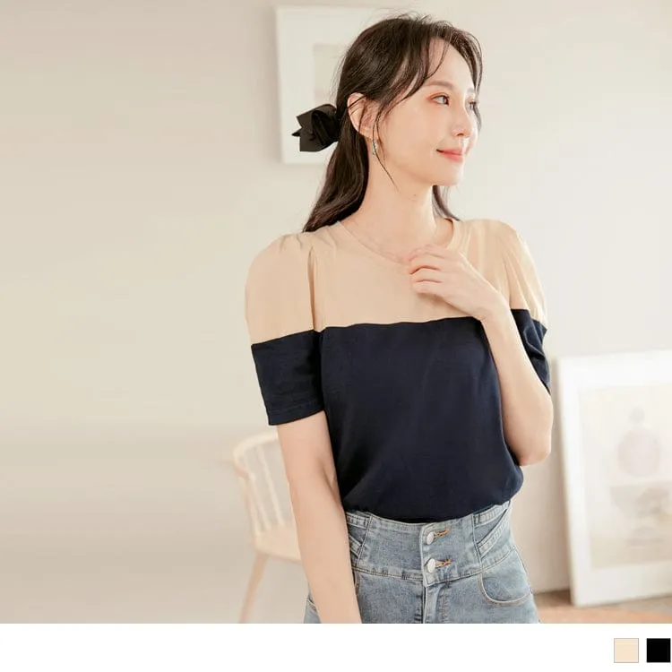 ROUND NECK PUFF SLEEVE 2 TONE SPLICE COTTON TOPS
