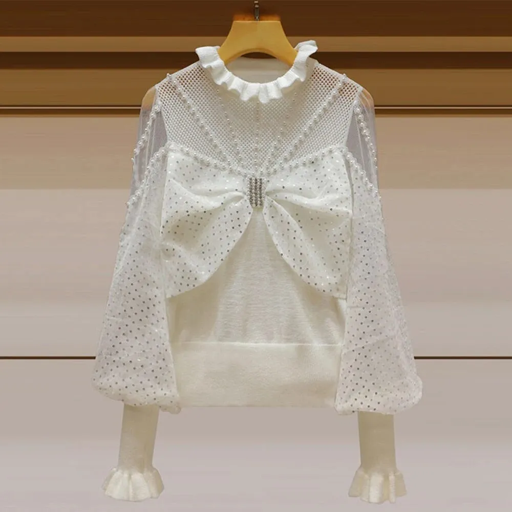 Solid Spliced Bowknot Sweaters For Women Round Neck Lantern Sleeve Patchwork Pearls Knitting Sweater Female Fashion