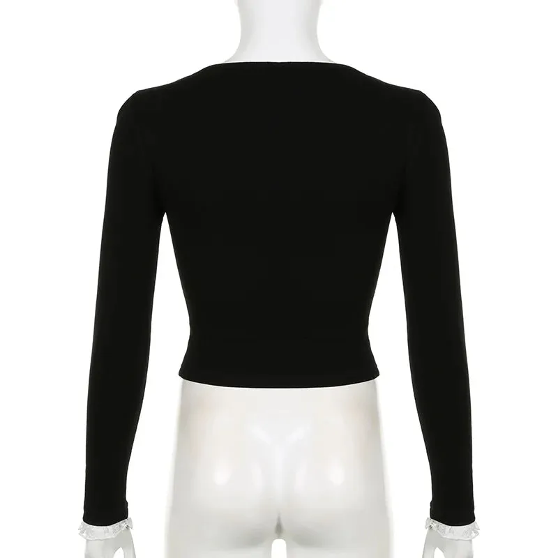 Sweet Korean Lace Patched Female T-shirt Y2K Stitch Coquette Clothes Cropped Top Tee Autumn Bow Kawaii Slim Contrast
