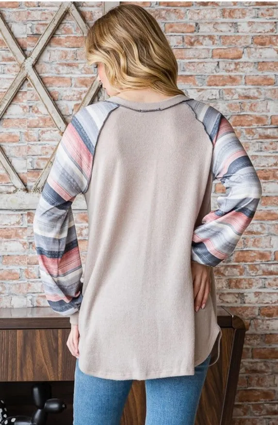 Taupe Top w/Striped Long Sleeves - #6261-6266